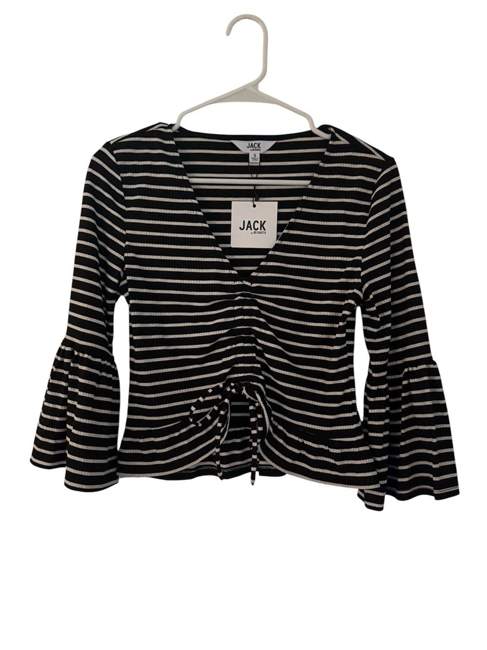 BB Dakota Crop Top Striped V-Neck Ruched Bell Sleeve Blouse Y2K Size S‎